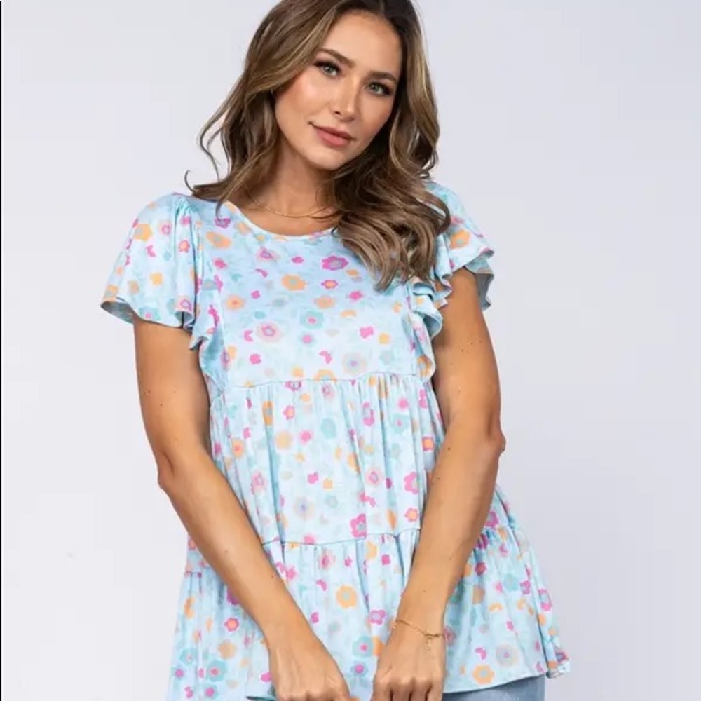 KANSAS BLUE FLORAL PRINT BABY-DOLL STYLE KNIT TOP